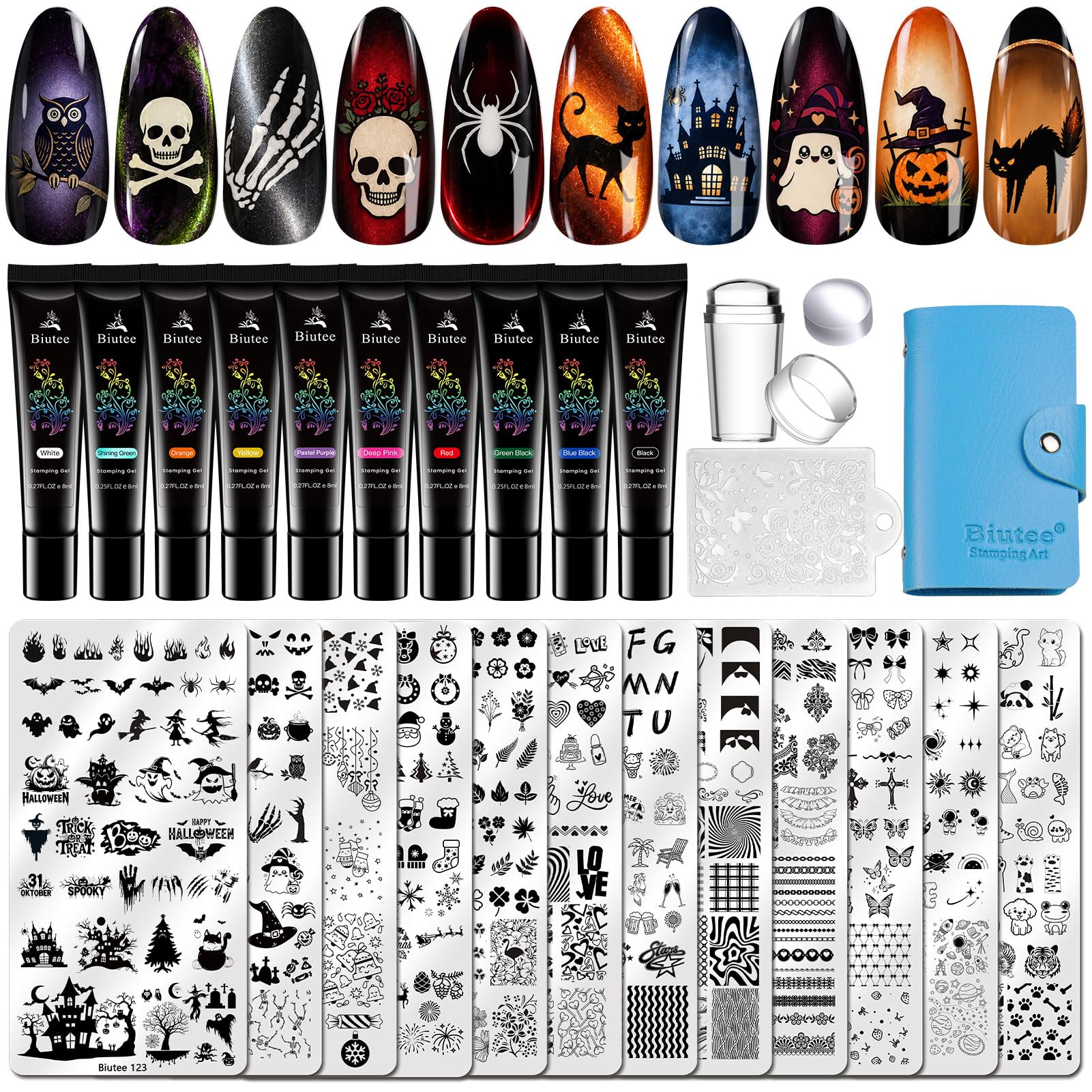 Biutee Nail Stamp Plates 16PCS Nail Stamping Kit 8 Nail Stamping Gel Polish